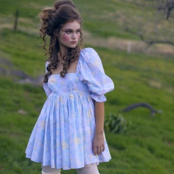 Selkie Claudia Puff Sleeve Mini Dress In Lavender Yellow Floral Cotton Size 8 - Picture 1 of 11